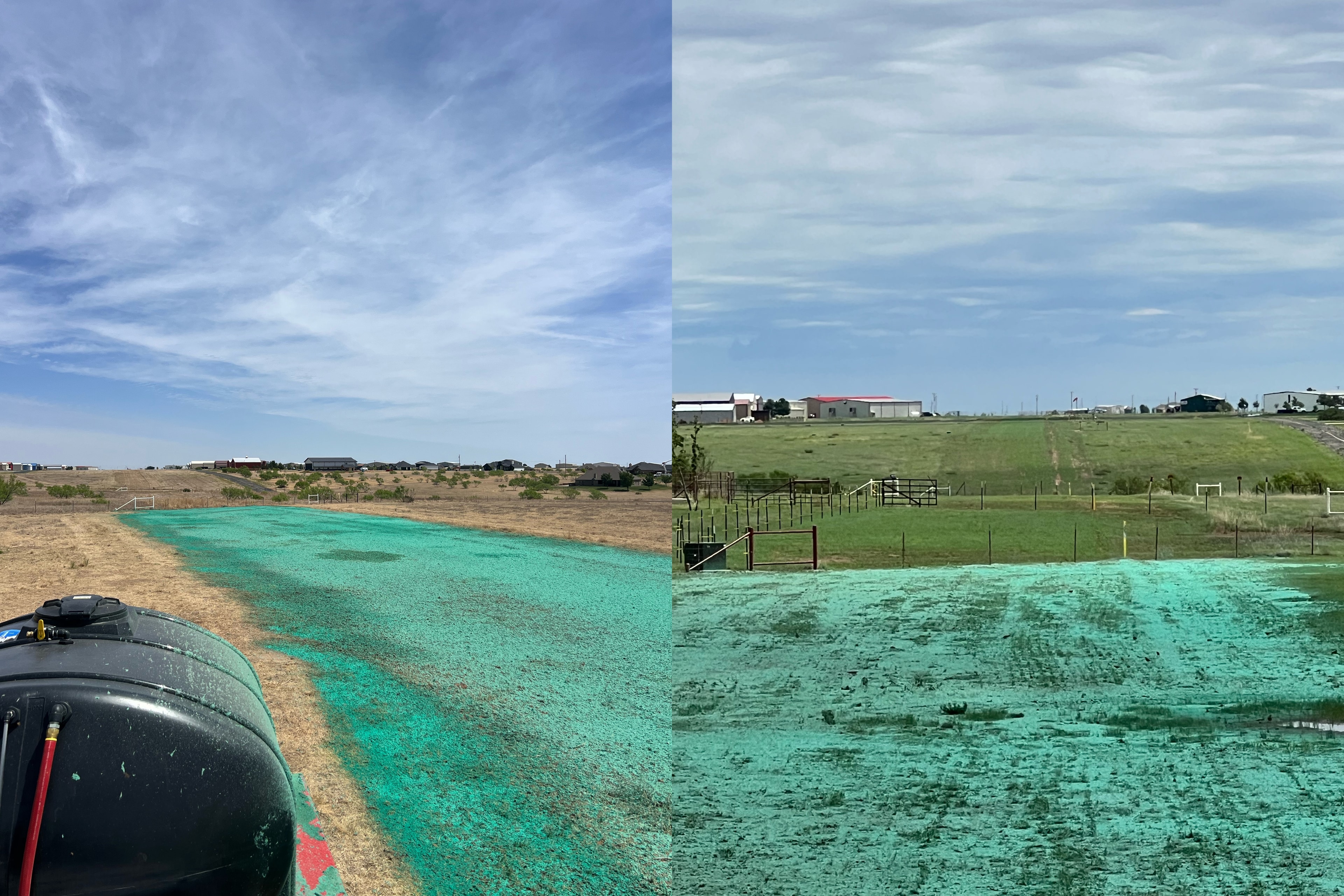 RainMaker Industries hydroseeding before and after Texas Panhandle